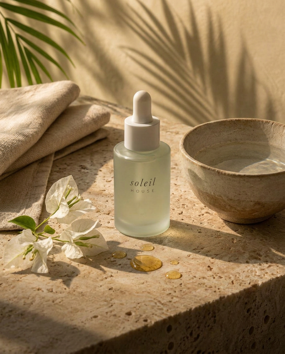A frosted sage Soleil House dropper bottle beside linen, white bougainvillea and a ceramic bowl of water on travertine in golden light