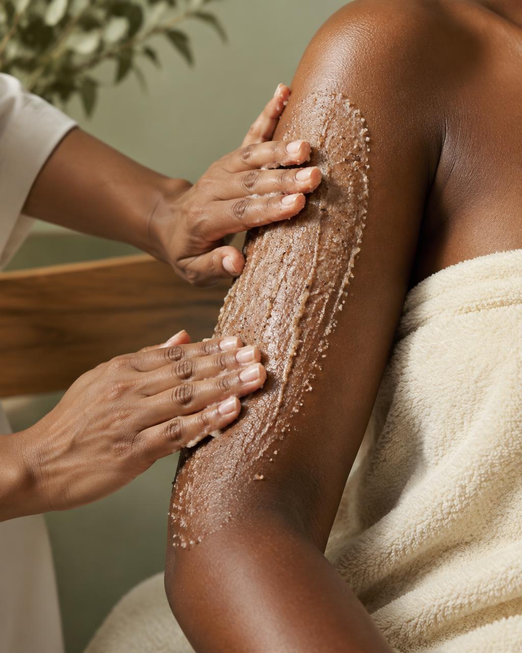Mineral body polish being worked across a Black guest's arm