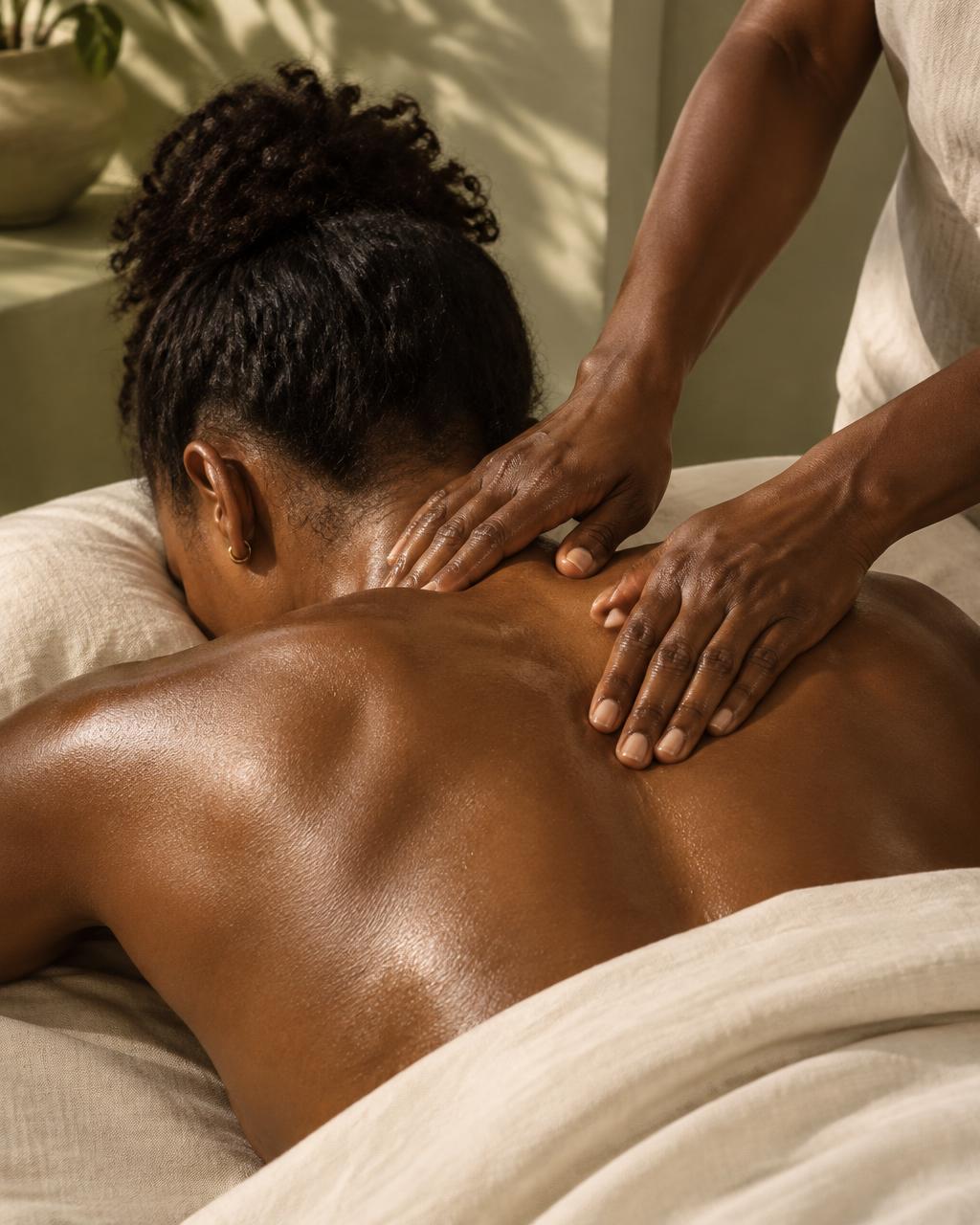 A Black guest receiving focused massage across the neck and upper back