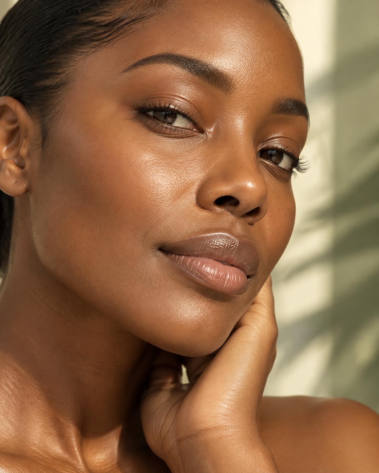 Close beauty portrait of a Black woman with luminous, hydrated skin in warm afternoon light