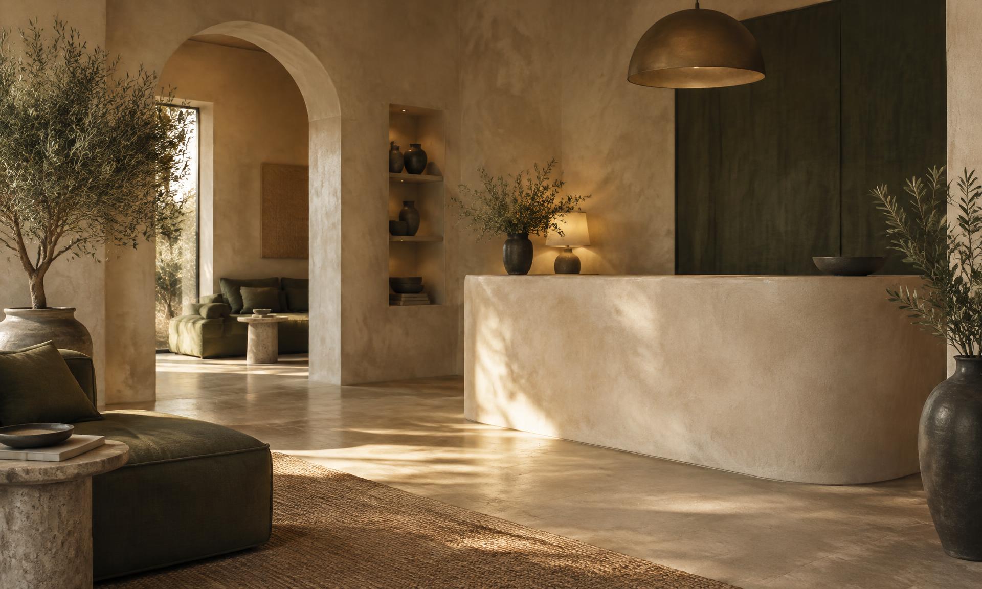 The Soleil House arrival lounge, limewash walls and linen in soft daylight