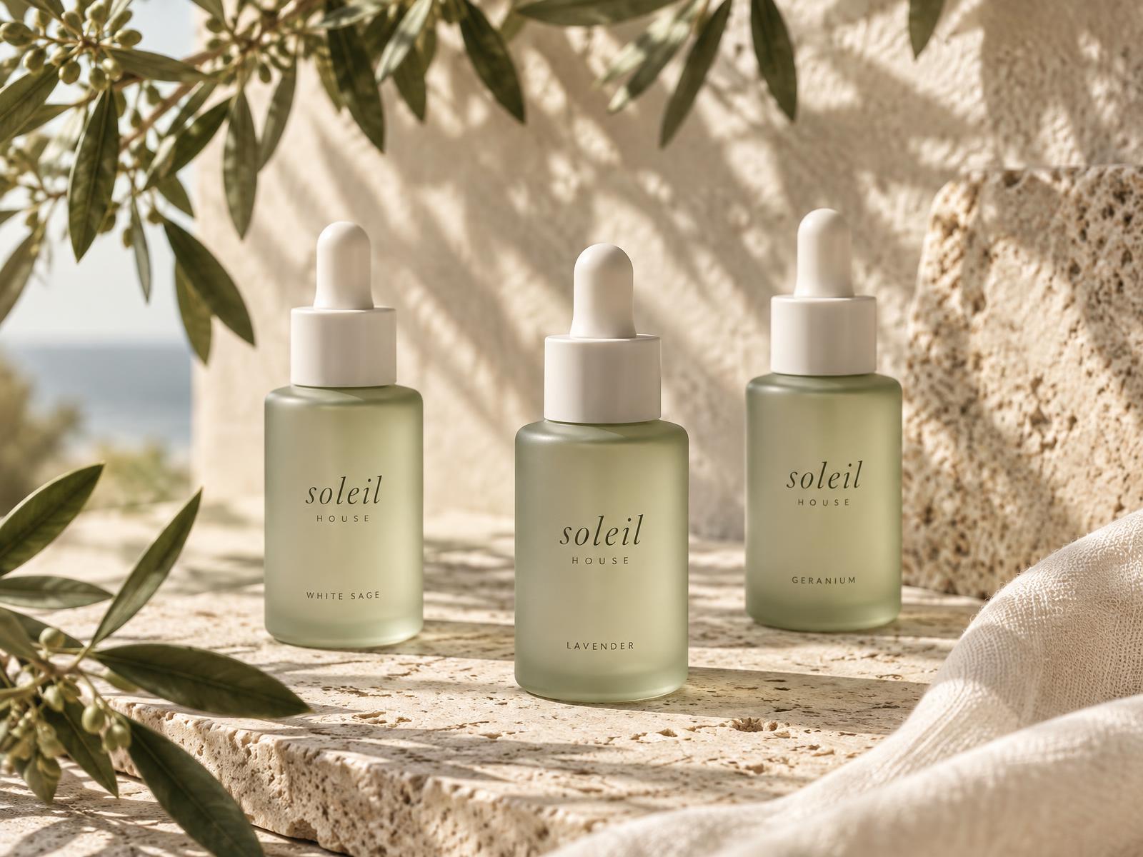 Three Soleil House Calming Oil bottles on travertine in filtered sunlight