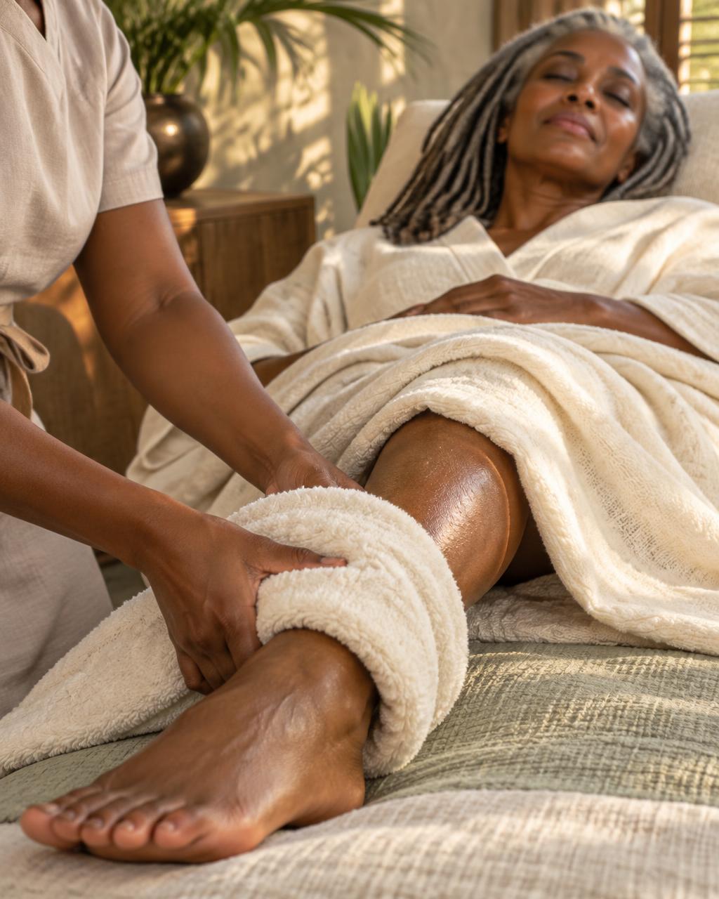 An older Black woman receiving warm-towel lower-leg care after travel