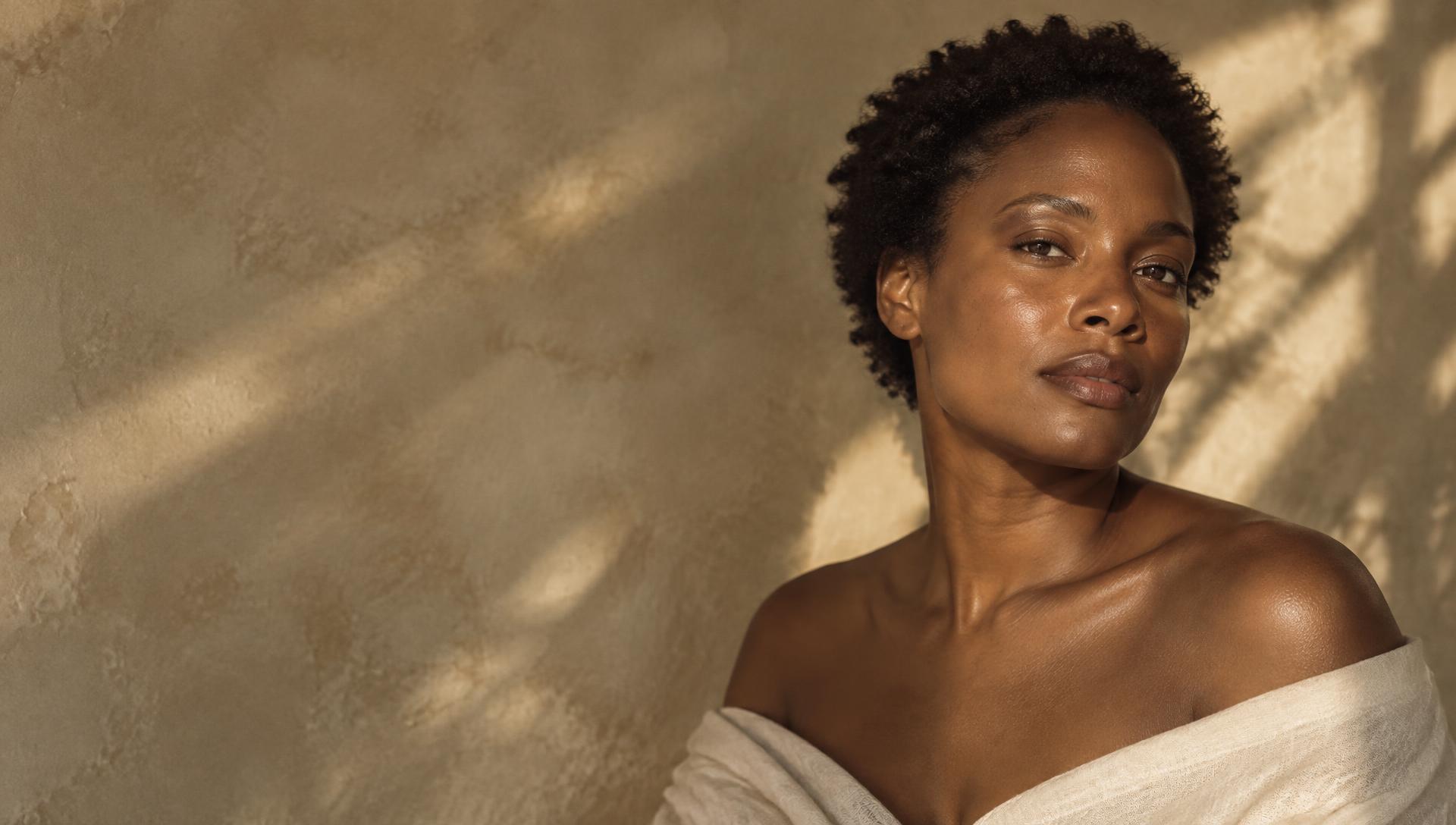 A woman with warm brown skin and short natural hair in soft late-afternoon light against a limewash wall