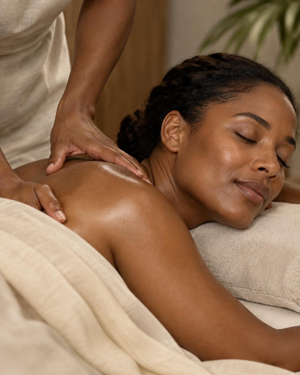 A Black woman receiving focused shoulder bodywork as part of The Reset ritual