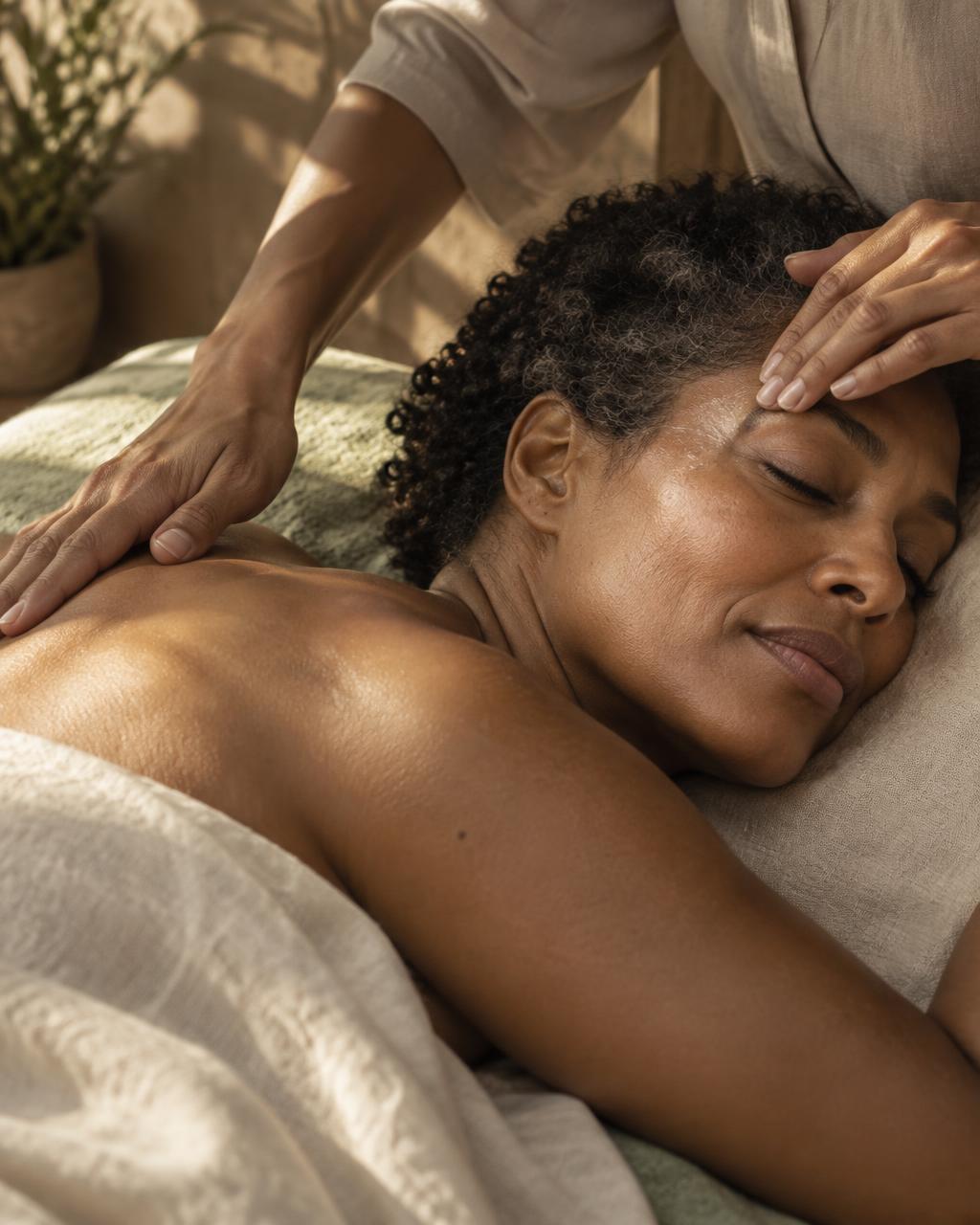 A mature mixed-race Black woman receiving shoulder and facial care in warm light