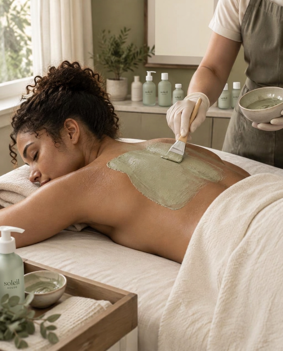 An esthetician brushing a green clay mask across a guest's upper back as she lies face-down