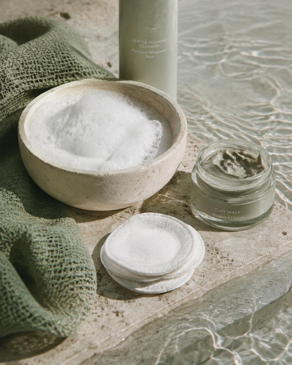 Foaming cleanser in a stone bowl beside cotton pads and a clay mask
