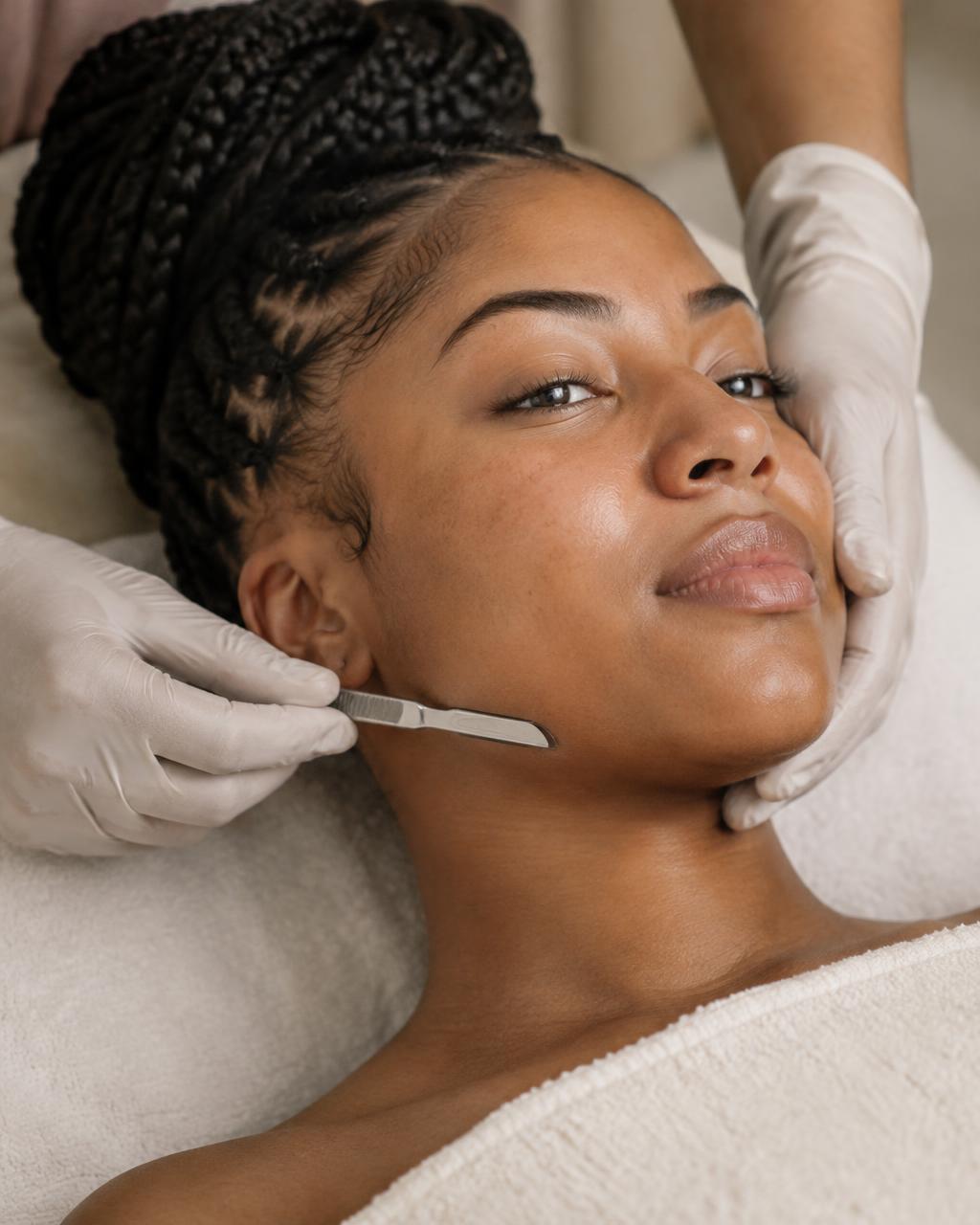 A dermaplaning blade held gently against a relaxed guest's jawline