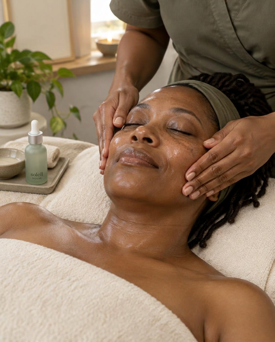 An esthetician pressing a finishing serum into a guest's cheeks on the treatment bed