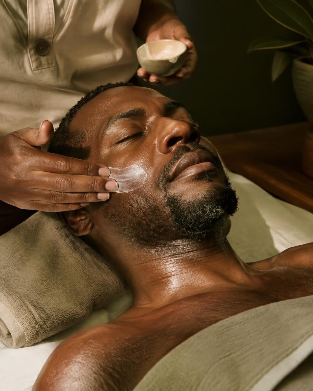 A man relaxing on a linen treatment bed while cream is applied to his cheek