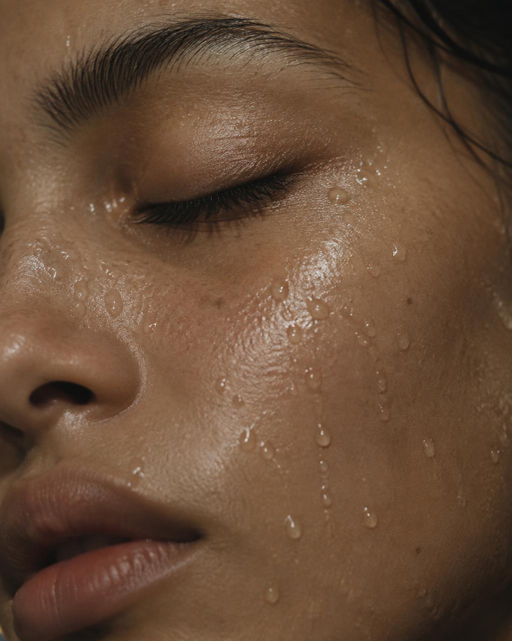 Water droplets on dewy, hydrated skin