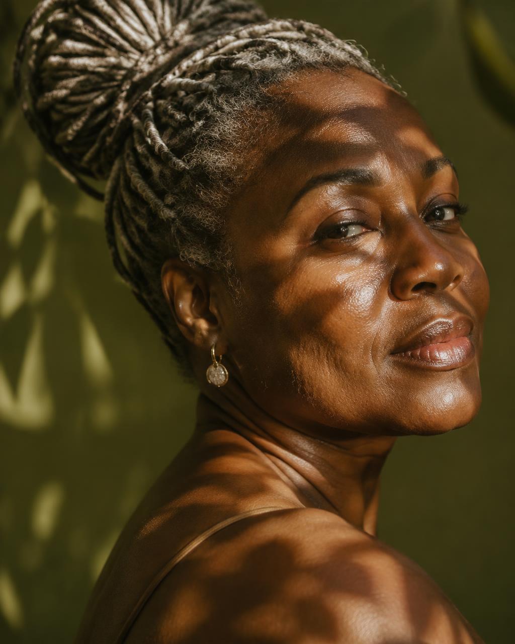 Sun-touched, luminous skin in dappled leaf shadow