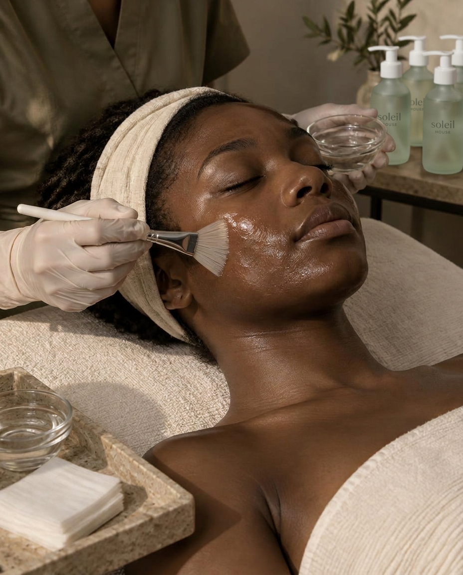 An esthetician's gloved hand brushing a clear peel solution across a guest's cheek